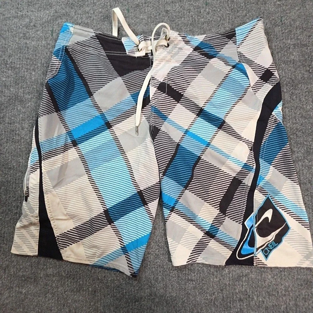 O'Neill Board Shorts Mens 34 Multicolor Plaid Surf Swim Quick Dry Pocket Logo